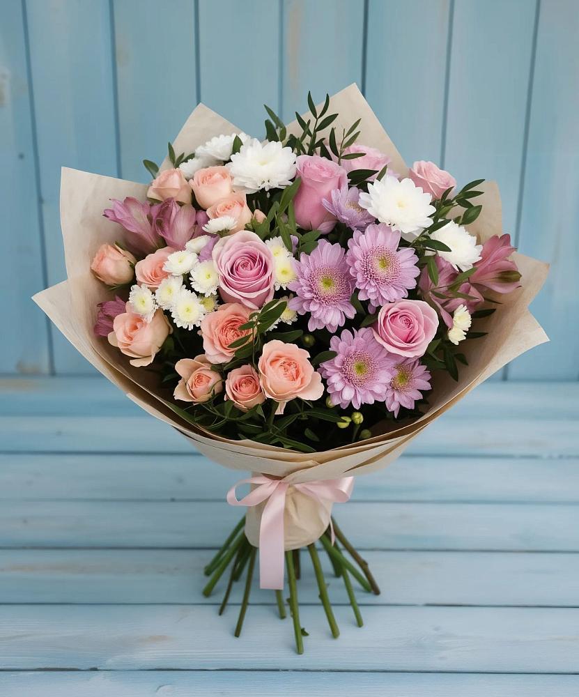 Букет цветов из: Хризантемы, Розы и Альстромерии в Суворове