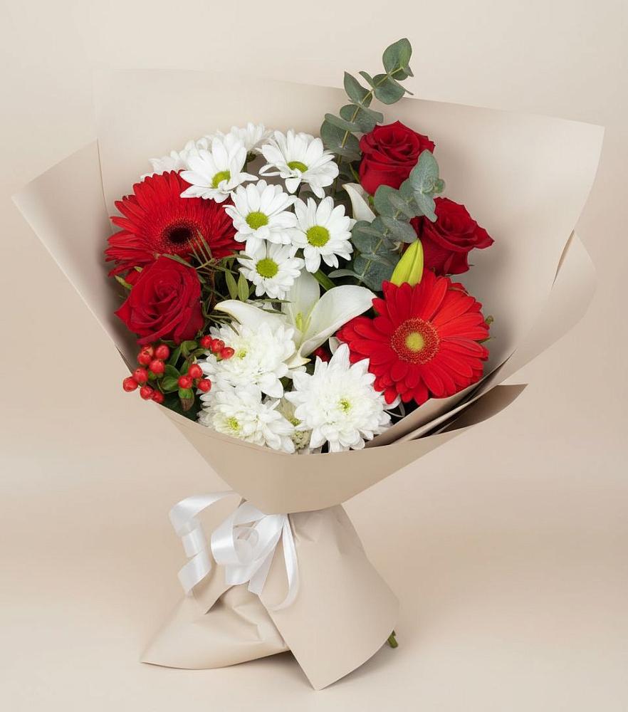 Букет цветов из: Розы, Хризантемы, Герберы и Лилии в Суворове