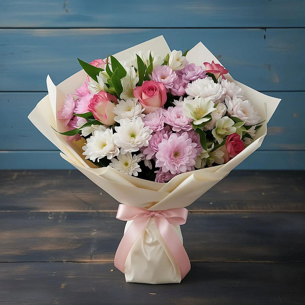 Букет цветов из: Хризантемы, Альстромерии и Розы в Суворове